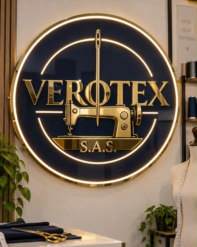 Showroom de Verotex S.A.S. con el logo iluminado